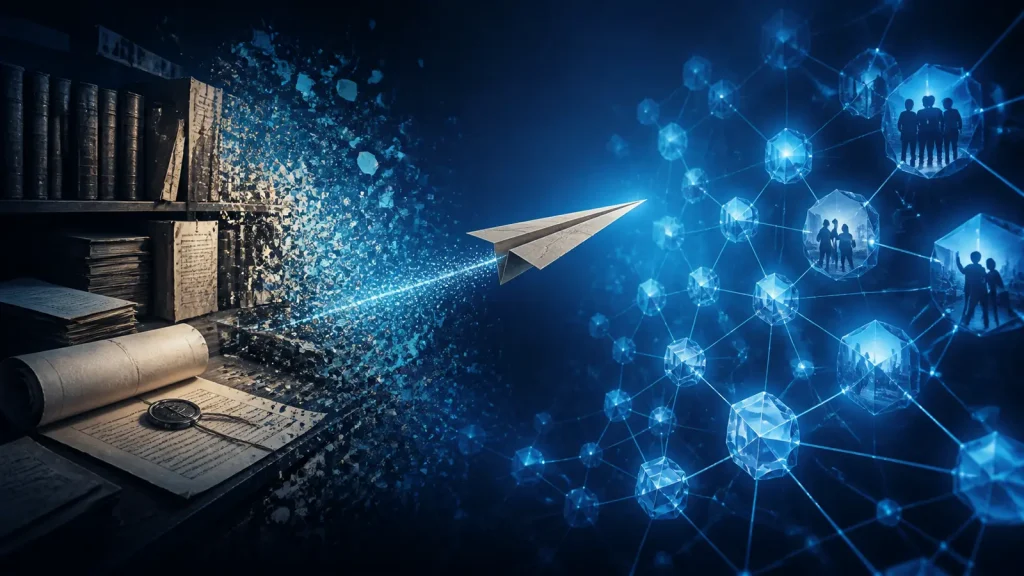 A historical messaging concept transitioning into a community blockchain network