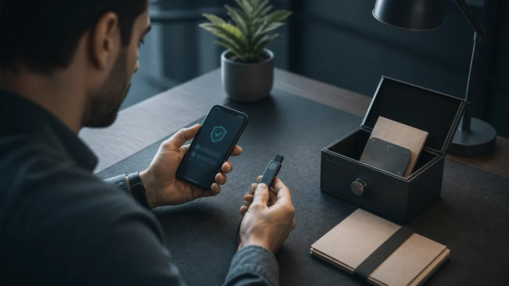 A user comparing a hardware signing device and mobile wallet at a secure desk