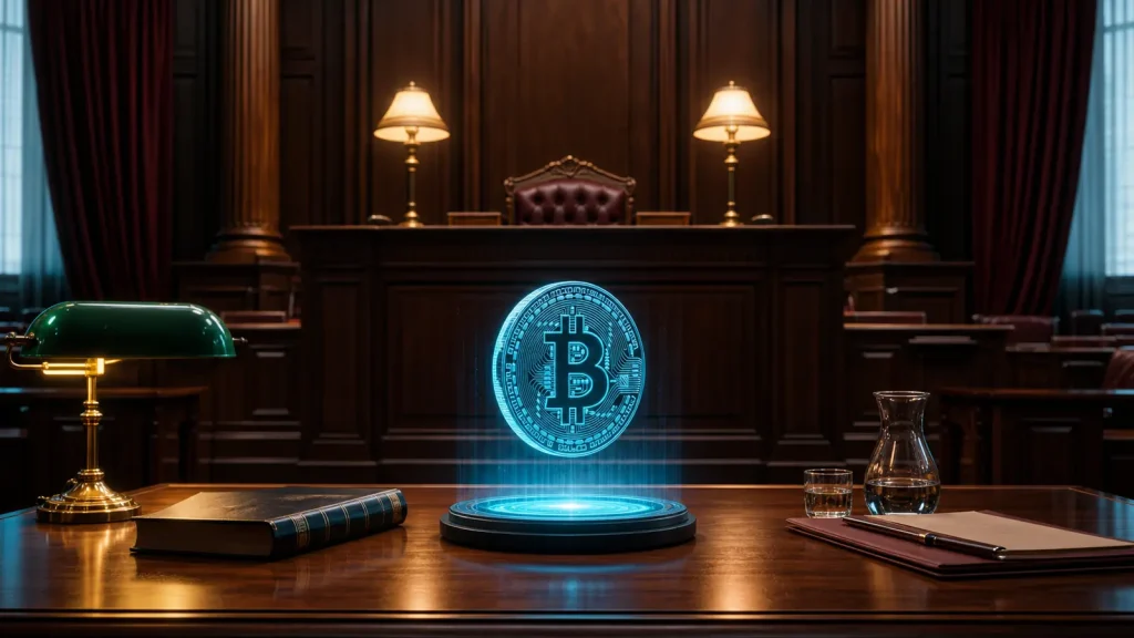 A digital representation of Bitcoin considered on an English courtroom evidence table