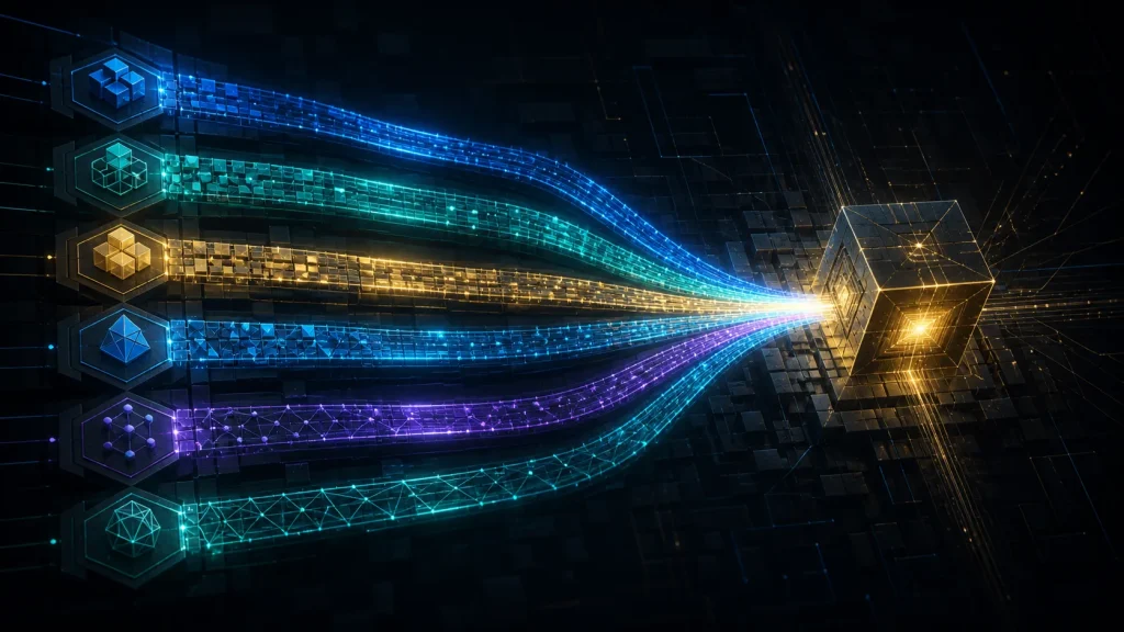 Six Ethereum protocol upgrade paths converging into one activated blockchain block