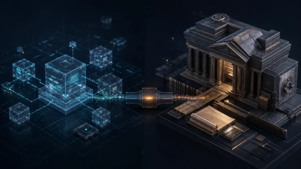 DeFi protocol network compared with traditional banking infrastructure