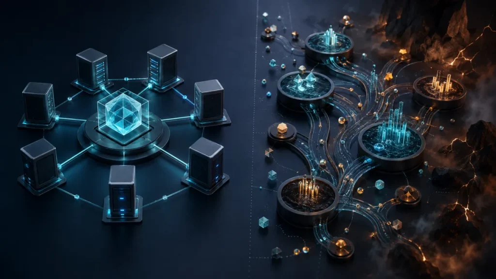 Validator staking and DeFi liquidity strategies shown side by side