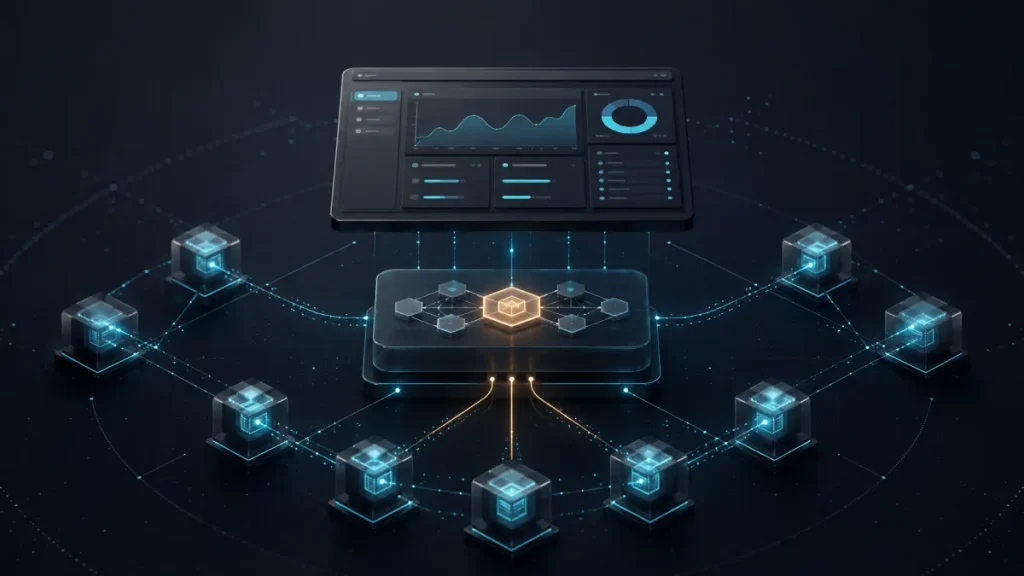 Decentralized application interface connected to distributed blockchain nodes
