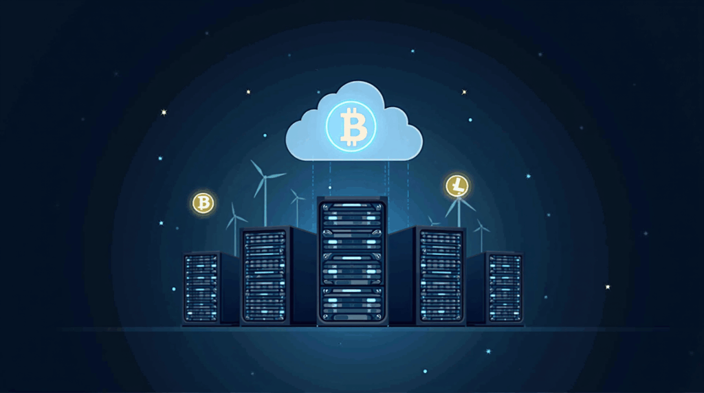 Futuristic data center with GPUs for AI, renewable energy icons and Bitcoin mining, projection chart.