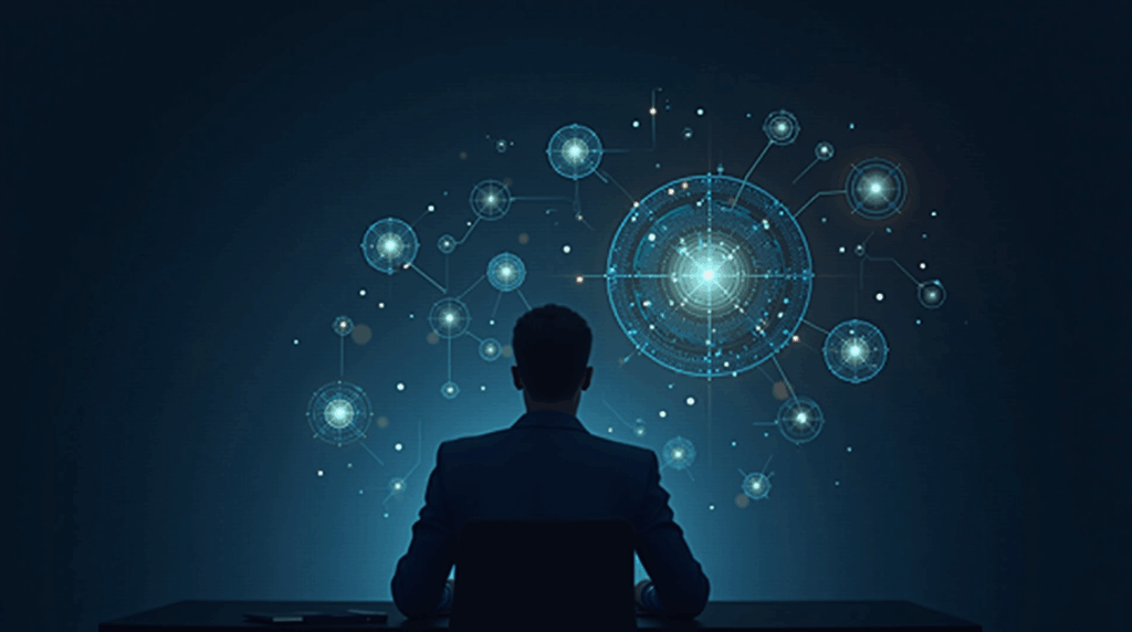 Professional at a desk with AI holograms and an illuminated blockchain network.