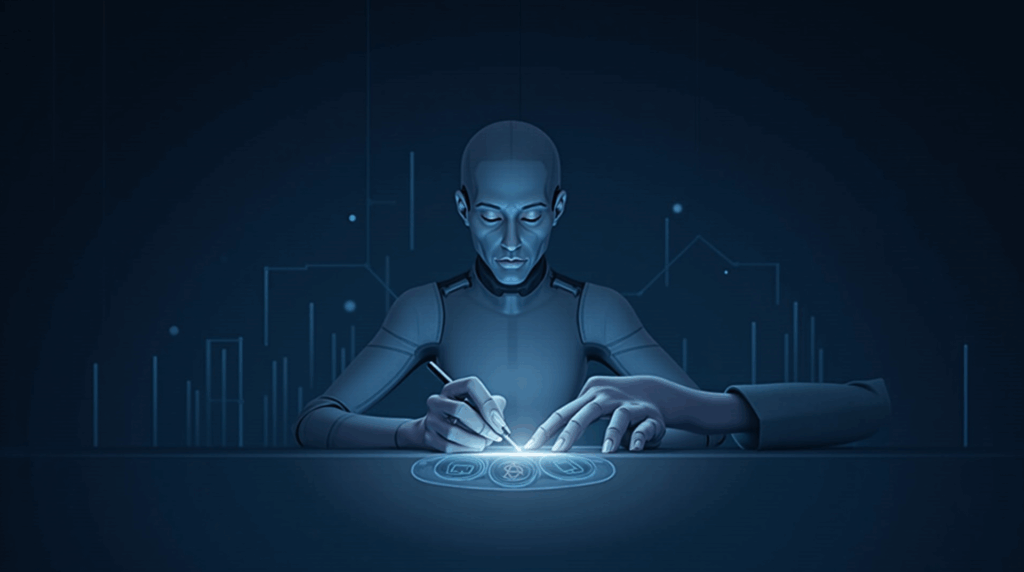 AI signs a payment with a merchant; shiny USDC tokens flow through a holographic API over a digital ledger.