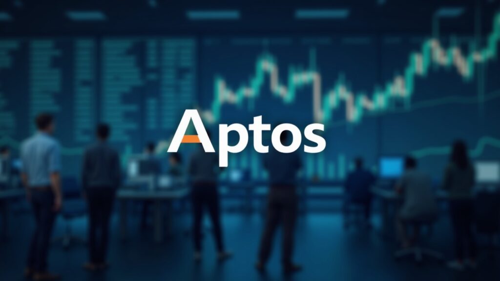 Aptos logo centered on a chart with resistance 4.338 and blurred institutional traders
