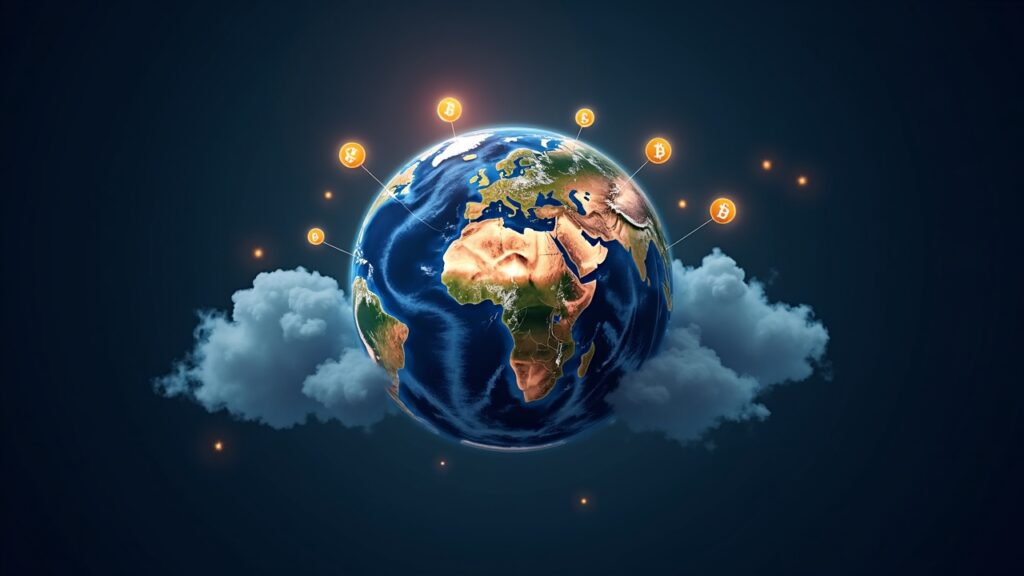Globe connected to a luminous cloud with BTC, ETH, SOL, DOGE and XRP icons; global mining hub.