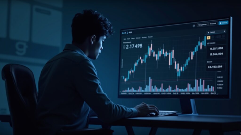 Photorealistic scene of a crypto trader analyzing an ASTER chart with a descending wedge and a token unlock countdown