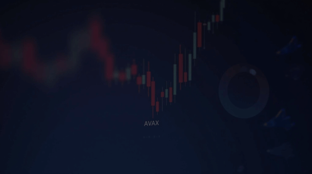 Trader in front of screen with AVAX falling, red indicators and open-interest rising, blurry regulatory icons.