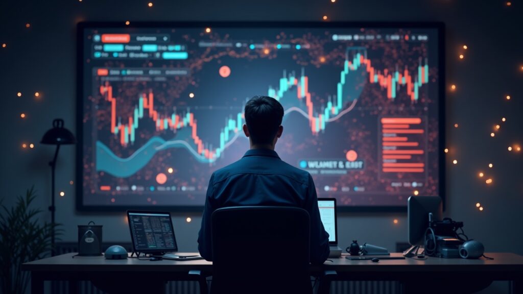 Photorealistic newsroom with AI trader avatar before a glowing Base Layer-2 chart, NFT icons orbiting.