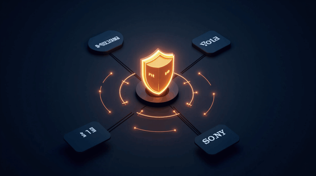 Bastion's shield in the center, with network lines connecting Coinbase, Sony and Samsung, symbolizing institutional stablecoin infrastructure.