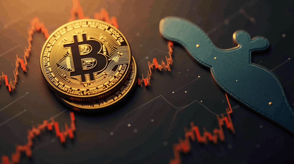 Chart of Bitcoin with very narrow Bollinger bands, BTC centered and 107k/112k levels; whale silhouette.