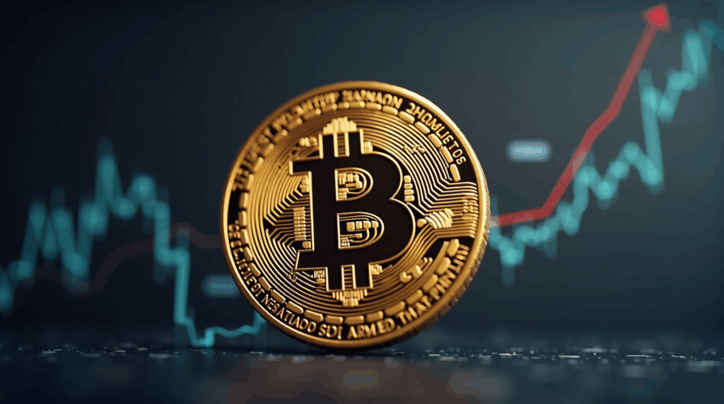Bitcoin coin in the foreground, a downward chart, and ETF inflow icons in a newsroom