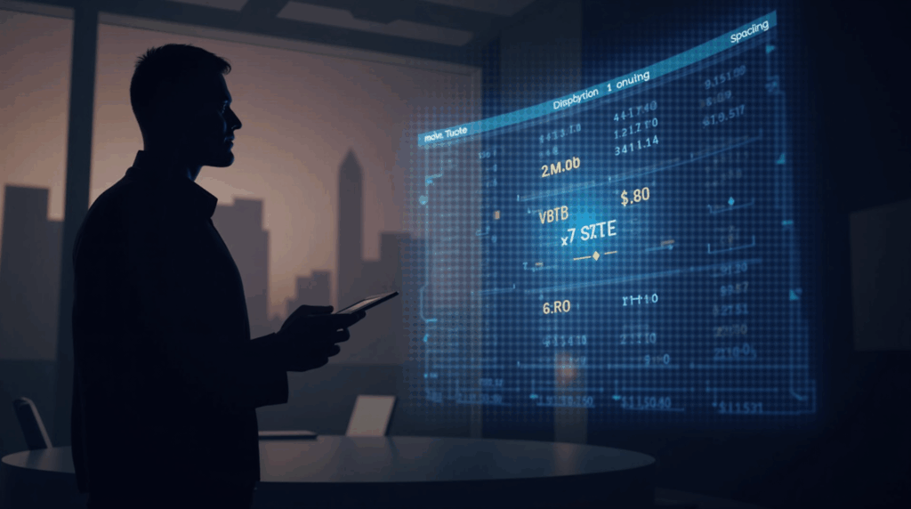 Corporate executive beside a holographic Ethereum ledger with 2M ETH and $9B.