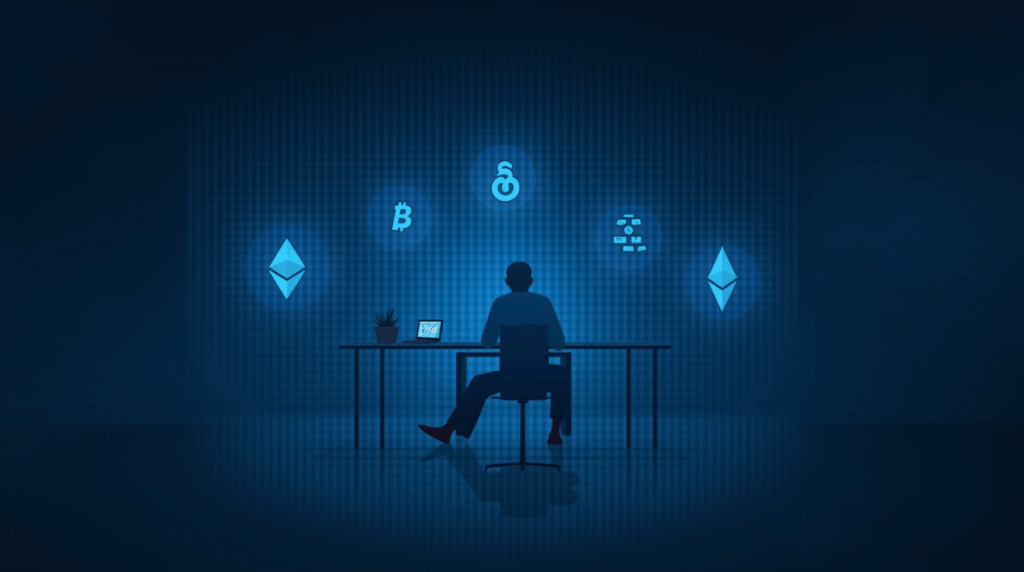 Photorealistic header: trading desk transforms into holograms of Bitcoin and Ethereum; analyst reviews crypto flows with BlackRock branding.