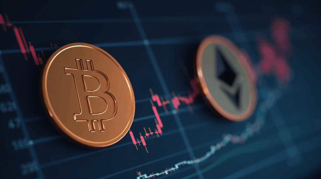 Logos of BTC and ETH on a trading panel with red exit arrows and a downward chart.