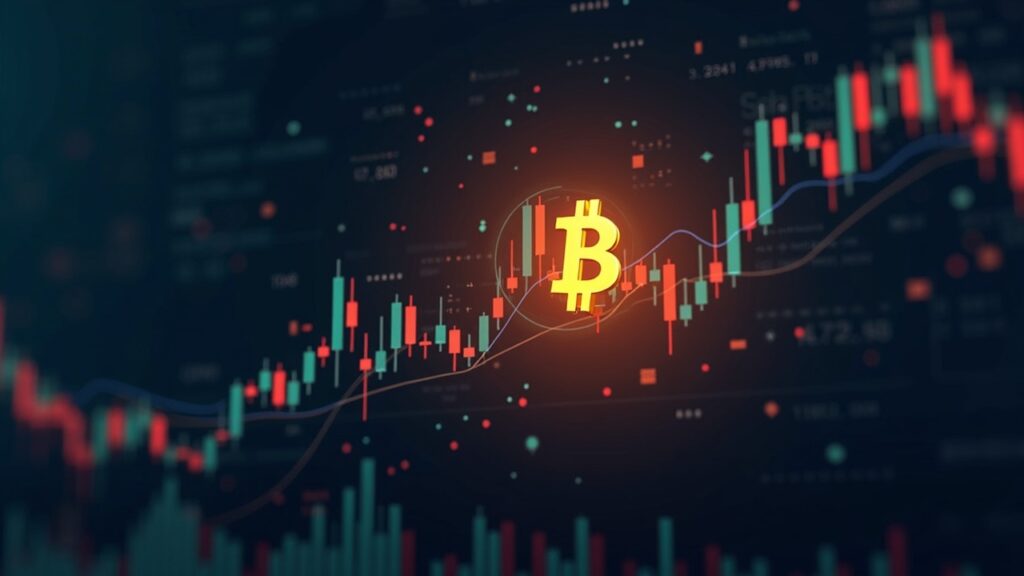 Bitcoin on a price chart with 21/50/100 SMAs converging, bullish glow and a backdrop of macro/regulatory news.