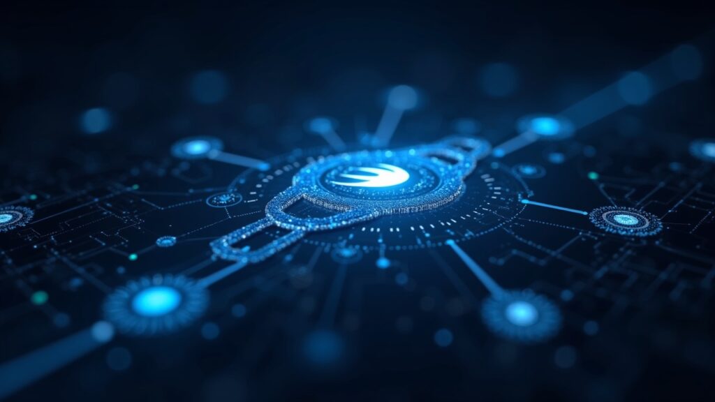 Chainlink connected to Swift and banks, corporate actions data flows to a secure on-chain ledger.