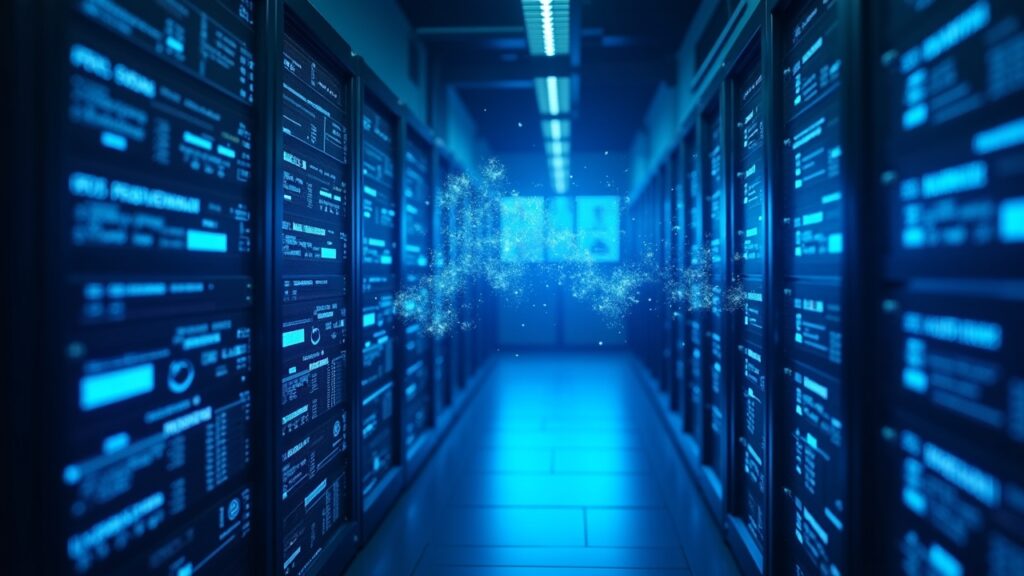 AI data center with HPC racks, Google and Fluidstack logos, holographic charts and blue light.