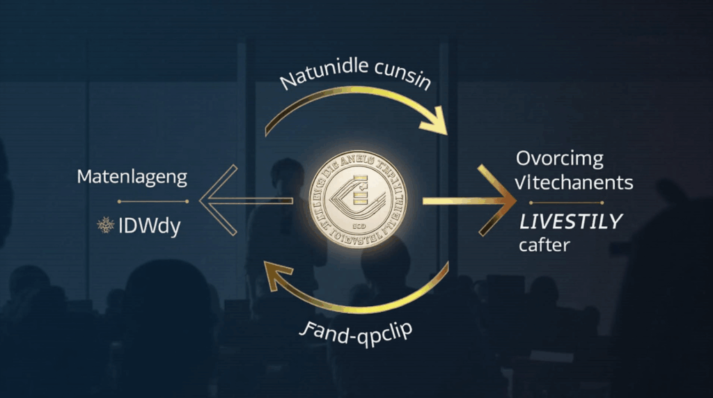 Centered USDC coin, reversible arrows to a secondary ledger, Arc glow, newsroom background.
