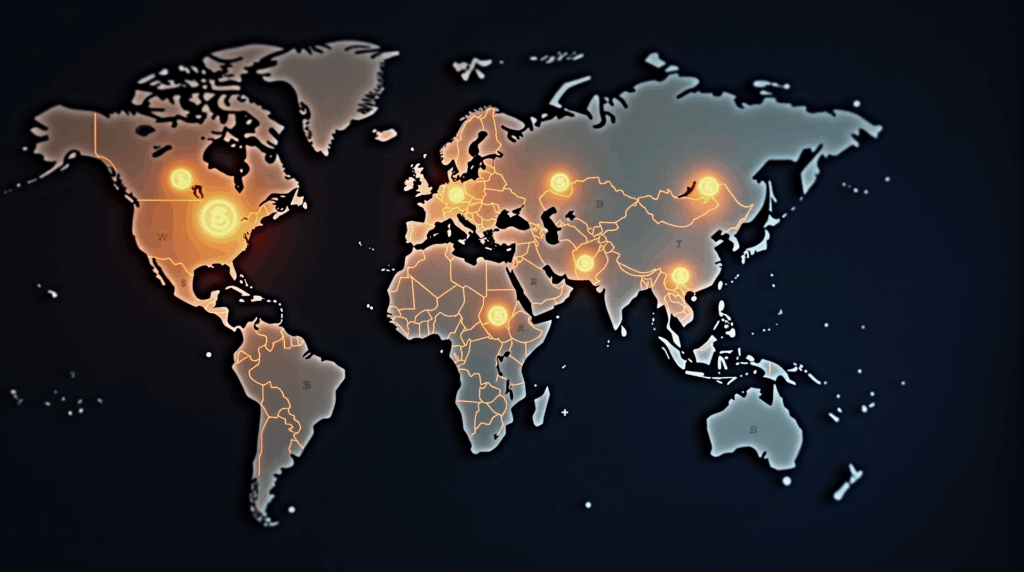 Map of emerging markets with bright crypto and stablecoin icons; faded fiat currency and silhouette of a central bank.