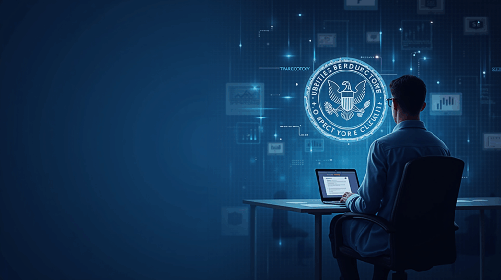 Crypto-asset operator in a newsroom, with a holographic blockchain interface and the SEC emblem.