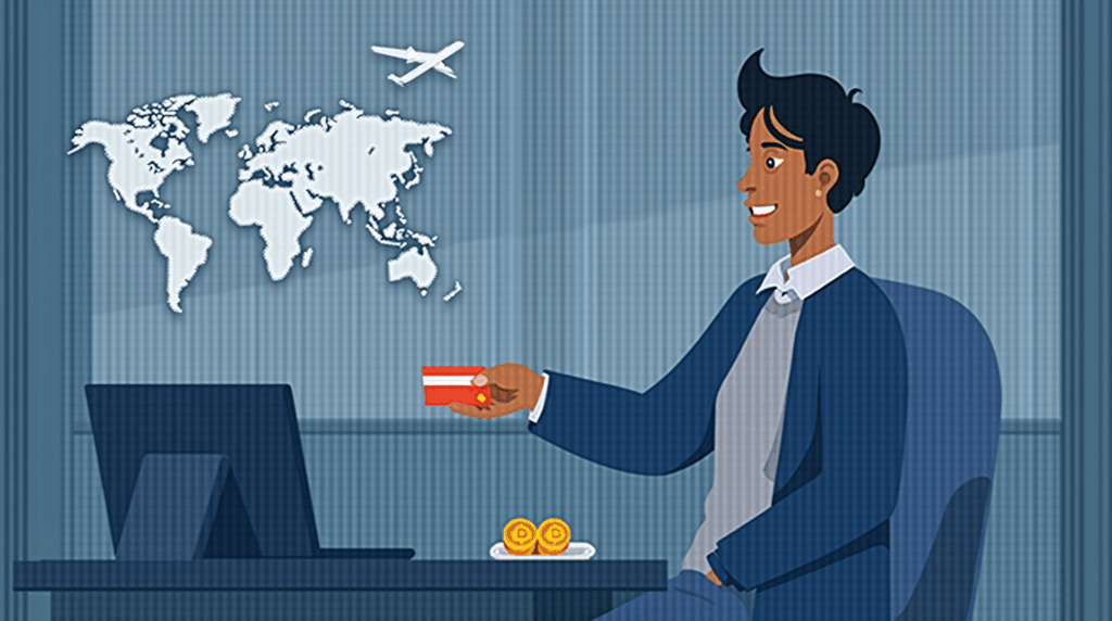 Traveler paying in a coffee shop with a crypto card; a plane in the background and the BTC, ETH and XRP icons on a glass screen.