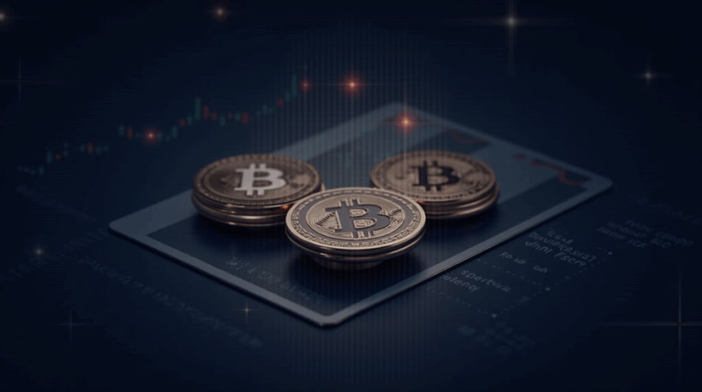Holographic coin triad of BTC, ETH and XRP over market graph, with regulatory iconography and institutional silhouettes.