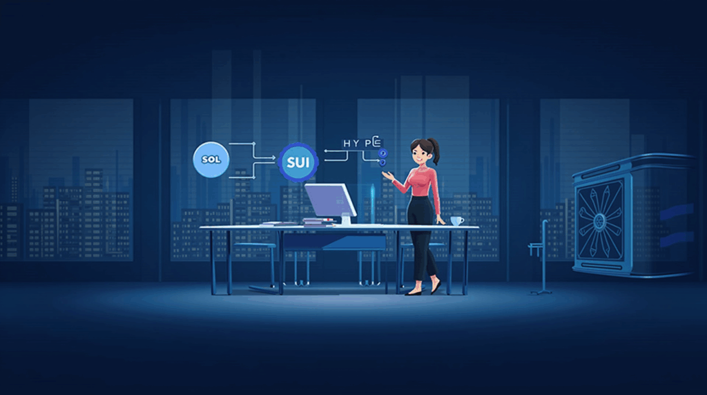 Treasury executive at a trading desk, SOL and SUI converting into HYPE, with a futuristic city and custody vault.