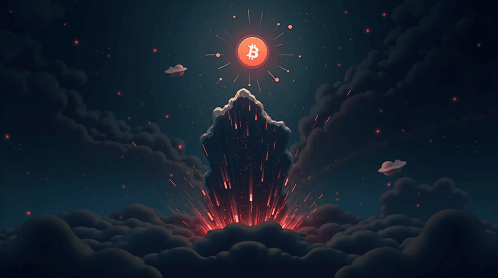 Giant crypto whale in front of a board with falling prices, red candles and ETF outflows.
