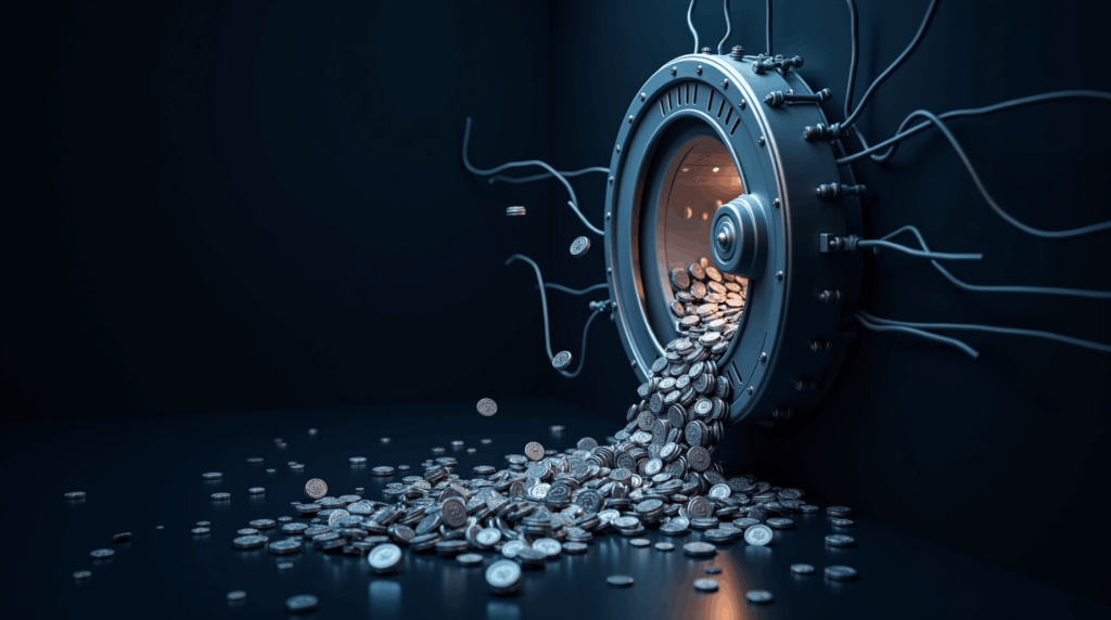 DeFi vault door opening, flows of ETH and tokens spilling into a dark network, symbolizing an anomalous withdrawal.
