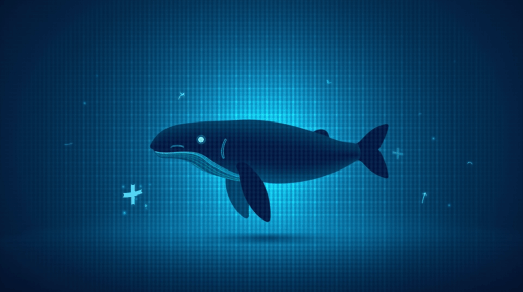 DeFi whale in silhouette, broken proxy contract and faded Kinto logo, SOL tokens floating over a blue grid background.