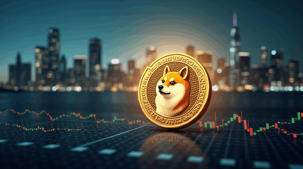 dogecoin coin over a fluctuating stock chart with skyline, highlighting meme-treasury volatility and regulatory risk