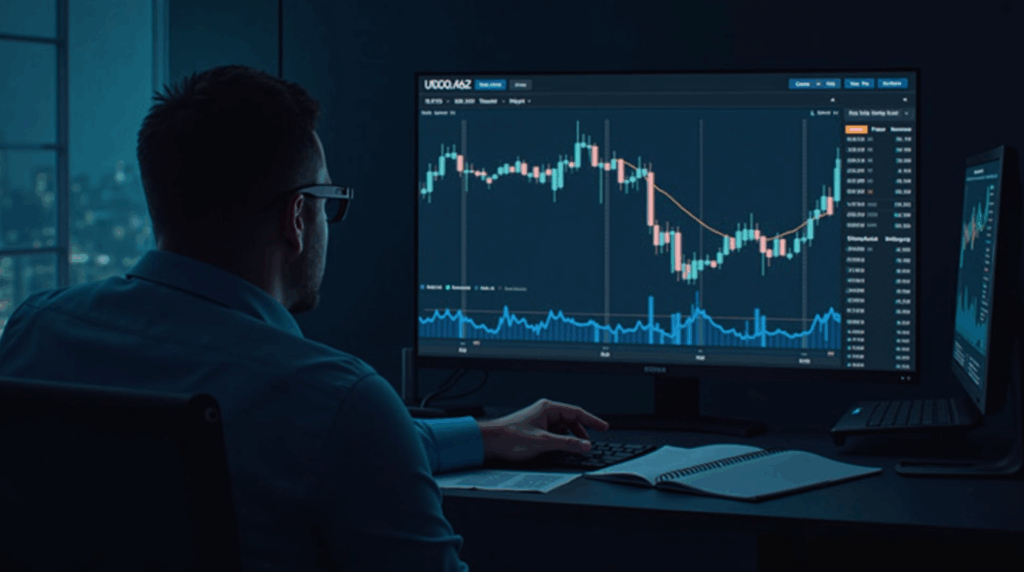 Analyst in a crypto press room watches a screen where USDT.D rises and BTC falls, in a modern office.
