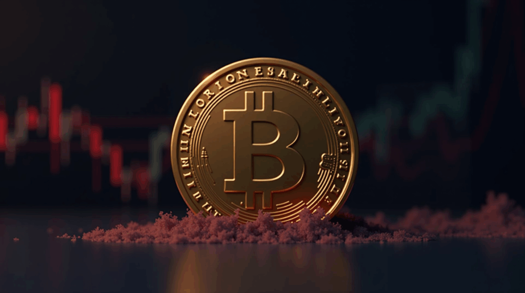 Bitcoin in the foreground against a chart showing a drop below 105000 with a red break line, news style