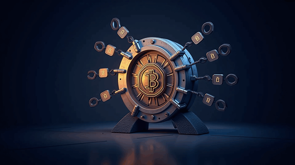 Central vault door fragmenting into 14 Bitcoin wallets, with a translucent quantum shield and a transparency dashboard