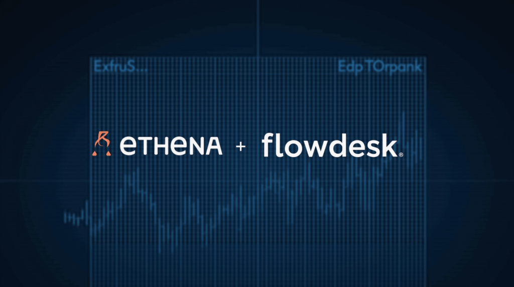 Logos of Ethena and Flowdesk in front of a network of digital dollars USDe/USDtb, with ENA trading, editorial background.