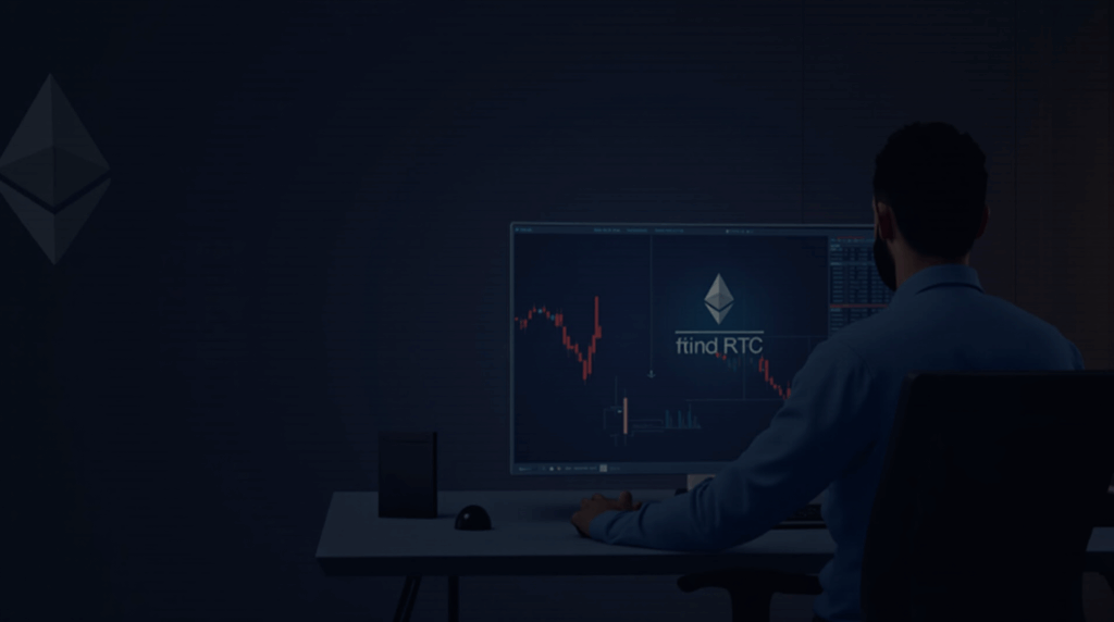 Crypto trader at a modern desk, monitor with ETH logo, red outflow arrows and ETF tickers fading.