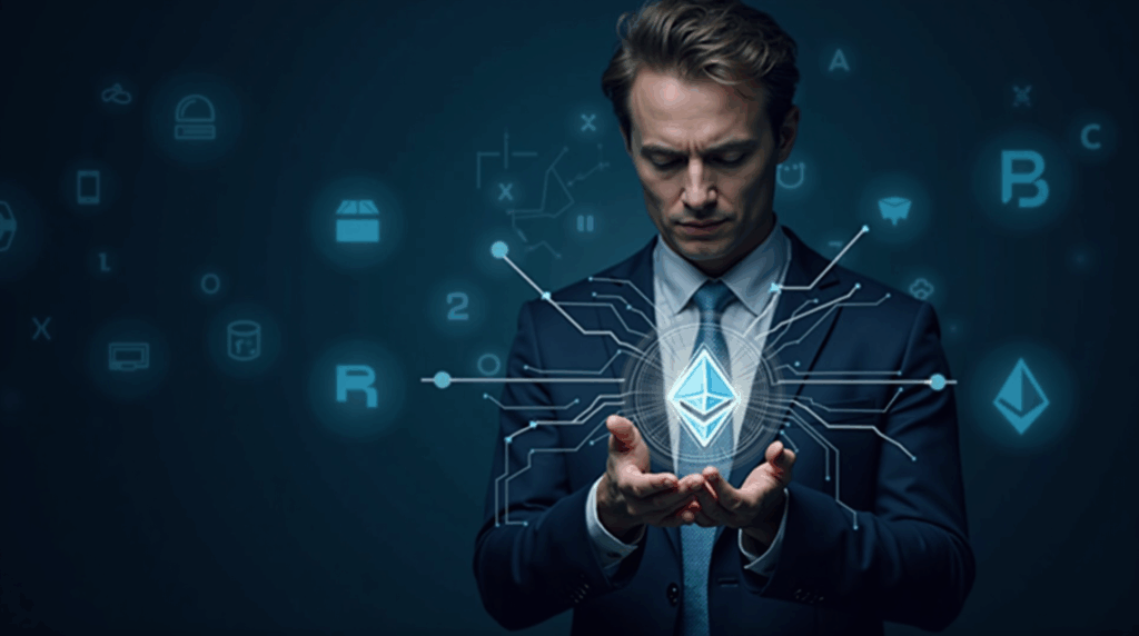 An institutional investor in a suit looks at an Ethereum logo overlaid with AI circuitry, with a Wall Street background.