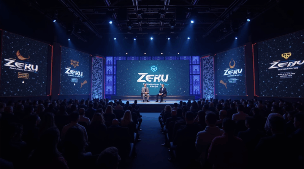 Nigel Farage on the stage of Zebu Live 2025, Tobacco Dock, London; futuristic blockchain visuals and a diverse audience.