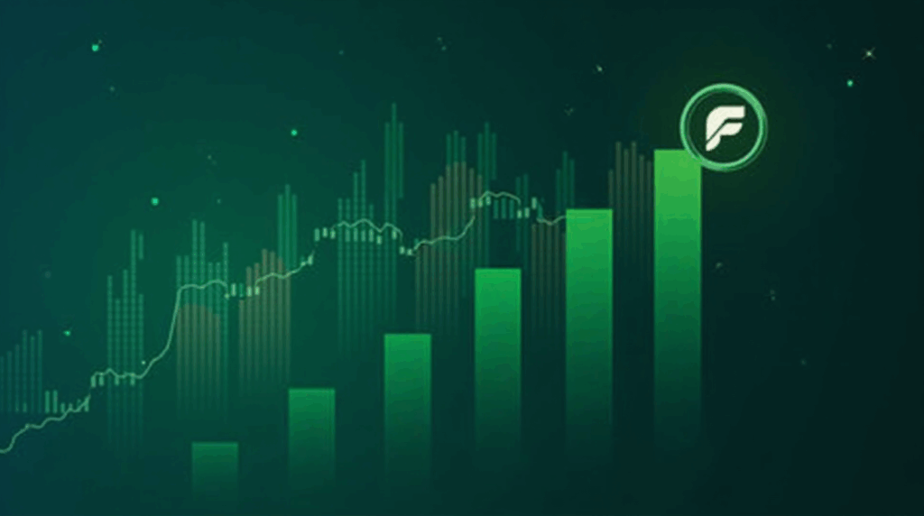 Photorealistic: Filecoin logo rises on a green volume chart, tech city and decentralized motifs