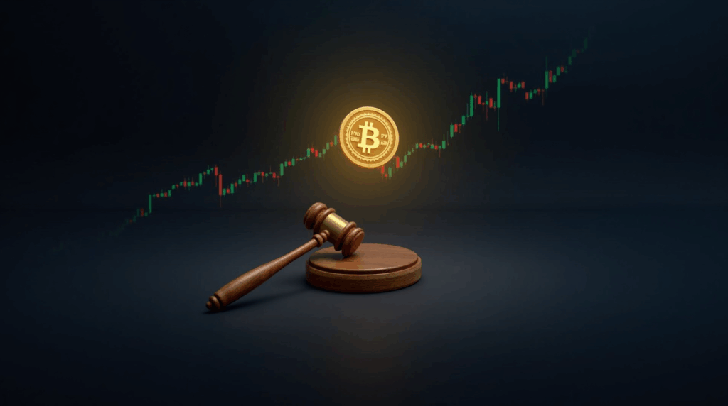 DOGE coin floating over a digital stock chart and a regulatory gavel, crypto news style