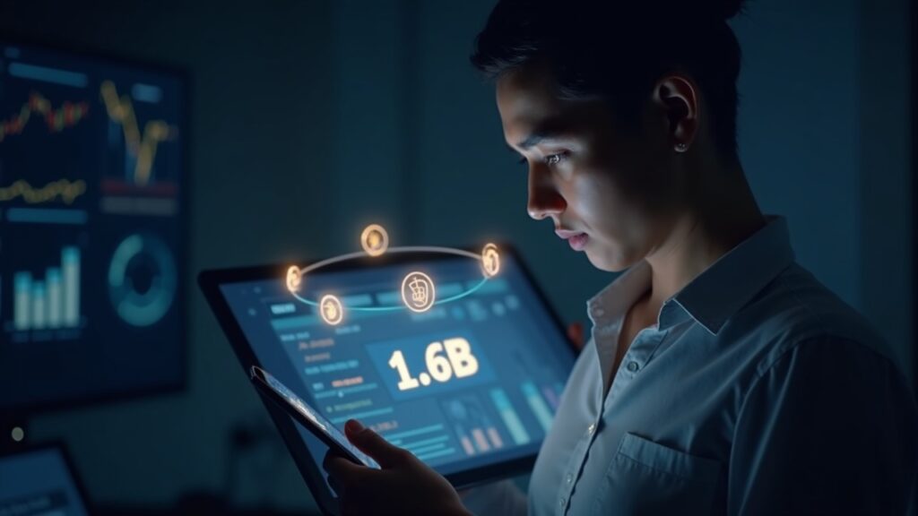 Professional observes a glowing ledger with 1.6B in payouts, crypto icons orbiting and macro charts in the background.
