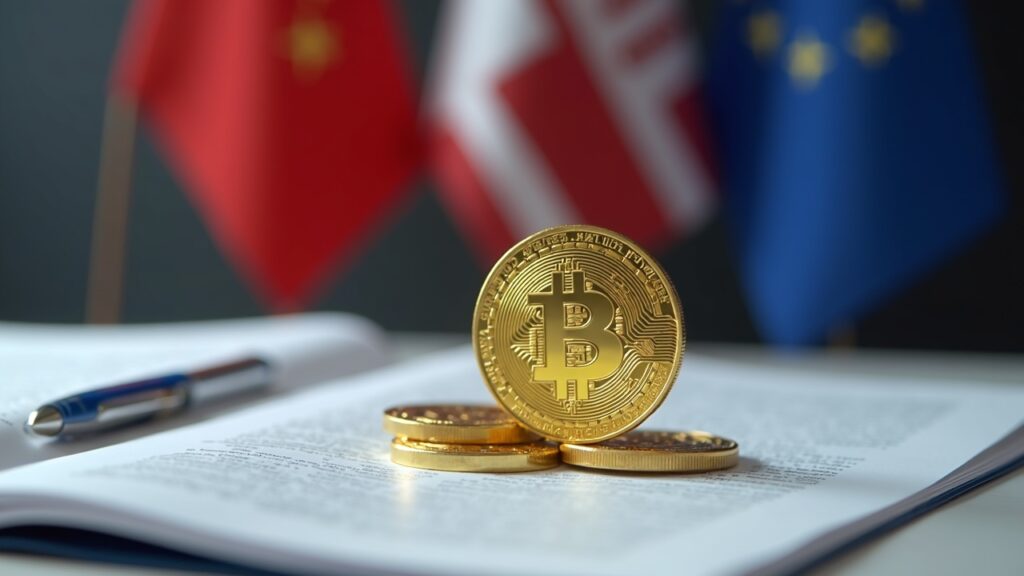 1:1 stablecoin on the table, alongside regulatory documents and G7 flags, symbolizing regulation and liquidity.