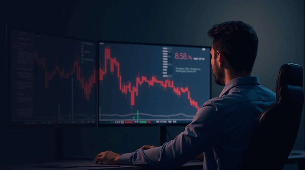 A financial trader observes a stock chart on an illuminated screen, with subtle crypto motifs in a modern setting.