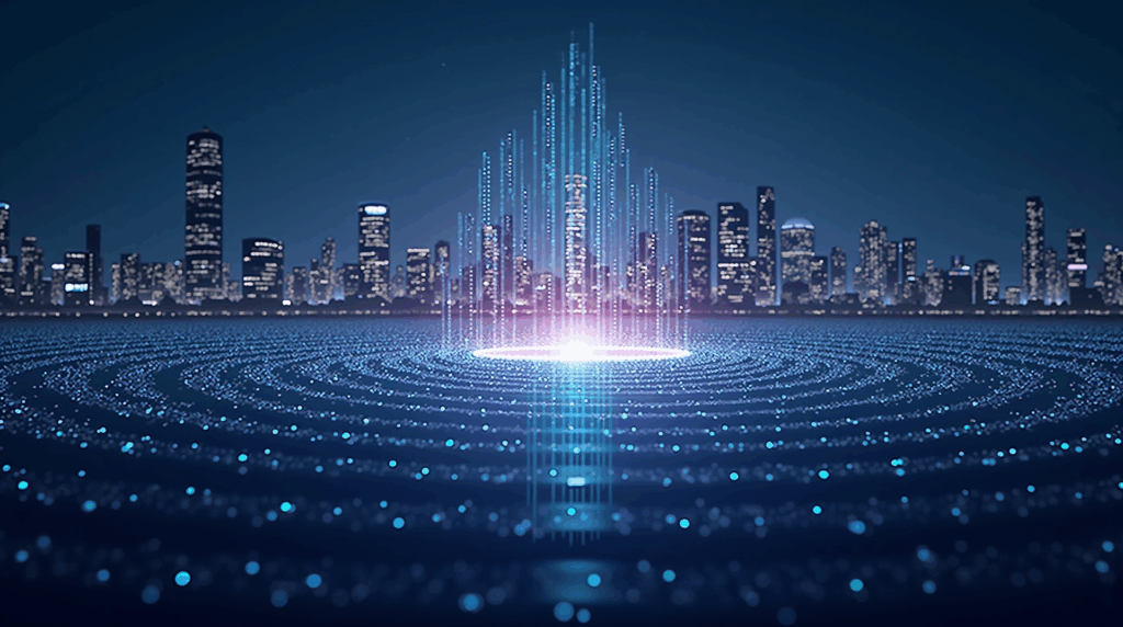 Futuristic Seoul skyline with holographic GIWA threads emerging from a crypto hub, suggesting Layer-2 and KRW.