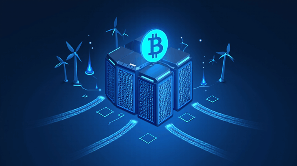 Modern data center with Cipher Mining logo, Bitcoin symbol, HPC server racks and Google's blue glow