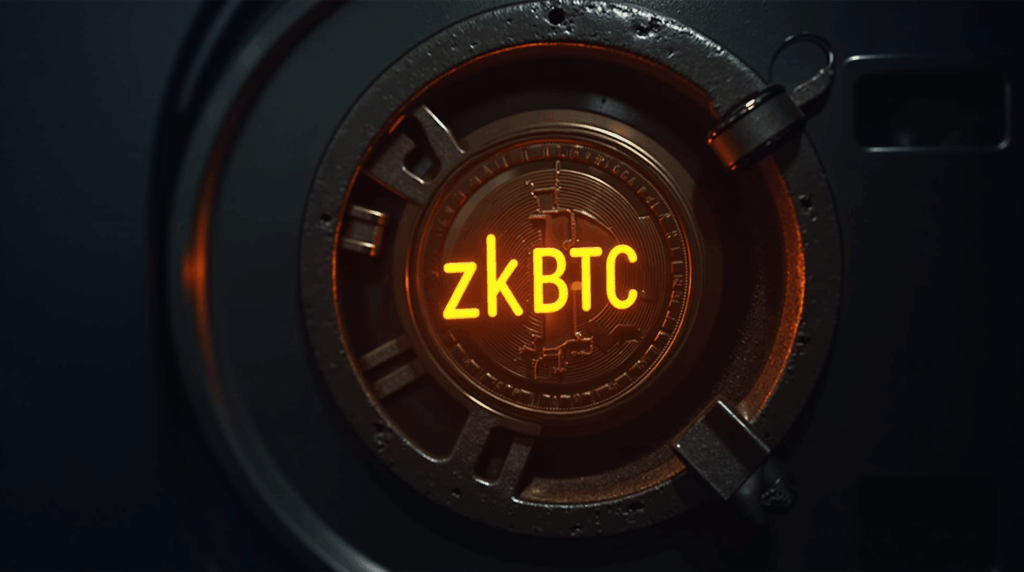 Institutional Bitcoin vault with zkBTC glowing, cosigners on a secure panel and on-chain verification