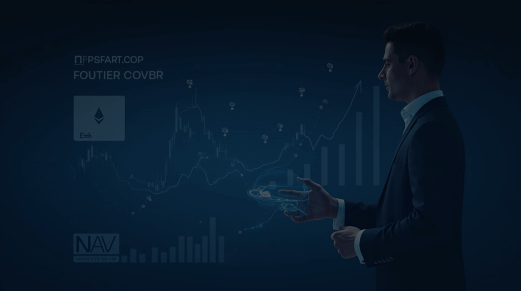 Executive in a suit next to a holographic screen showing ETH rising and buyback charts, highlighting the NAV gap.